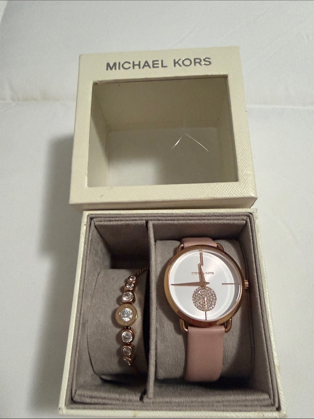 Michael Kors Pink and Rose Gold Watch and Crystal Bracelet Set